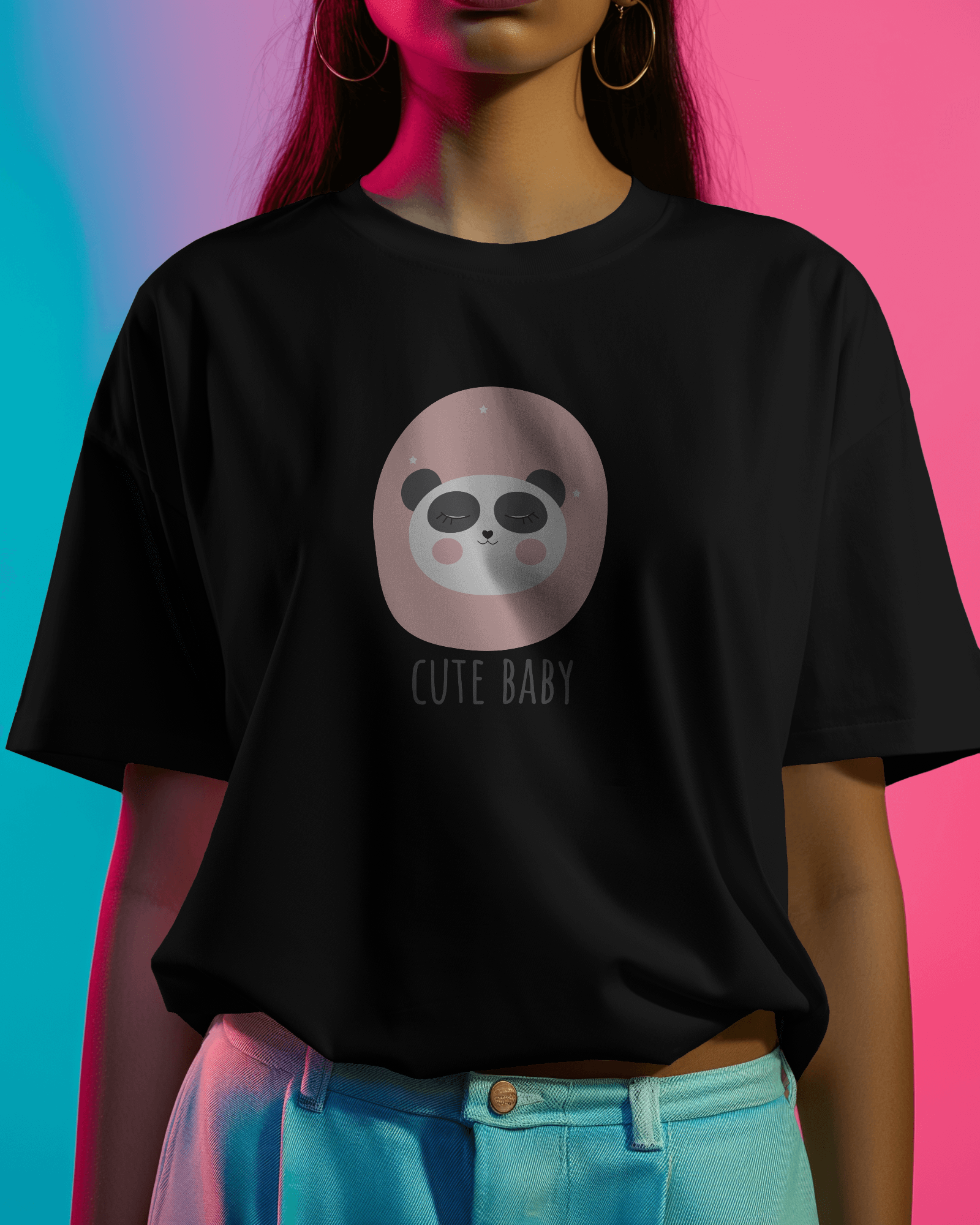 Women - Dreamy Panda  Oversized Black Tee